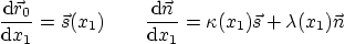 \begin{displaymath}
\frac{{\rm d}\vec r_0}{{\rm d}x_1} = \vec s(x_1)
\qquad...
...\vec n}{{\rm d}x_1} = \kappa(x_1)\vec s + \lambda(x_1)\vec n
\end{displaymath}