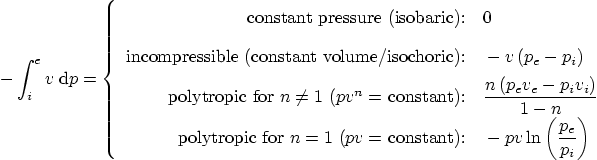 \begin{displaymath}
- \int_i^e v \; {\rm d} p =
\left\{
\begin{array}{rl}...
...- p v \ln\left(\frac{p_e}{p_i}\right)
\end{array}
\right.
\end{displaymath}