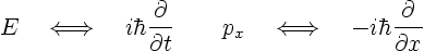 \begin{displaymath}
E\quad\Longleftrightarrow\quad
i\hbar\frac{\partial}{\pa...
...ongleftrightarrow\quad
-i\hbar\frac{\partial}{\partial x} %
\end{displaymath}