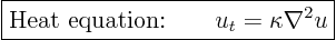 \begin{displaymath}
\fbox{$\displaystyle
\mbox{Heat equation:} \qquad u_t = \kappa \nabla^2 u
$}
%
\end{displaymath}