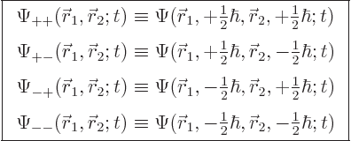 \begin{displaymath}
\fbox{$\displaystyle
\begin{array}{c}
\displaystyle
\Psi...
...kew0\vec r}_2,-{\textstyle\frac{1}{2}}\hbar;t)
\end{array} $}
\end{displaymath}