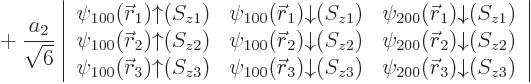 $\displaystyle {} +
\frac{a_2}{\sqrt{6}}
\left\vert
\begin{array}{ccc}
\psi_{100...
...{z3}) &
\psi_{200}({\skew0\vec r}_3){\downarrow}(S_{z3})
\end{array}\right\vert$