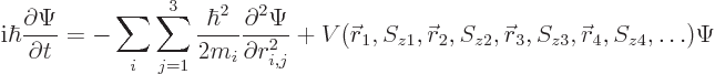 \begin{displaymath}
{\rm i}\hbar \frac{\partial\Psi}{\partial t} =
- \sum_i \s...
...skew0\vec r}_3, S_{z3}, {\skew0\vec r}_4, S_{z4}, \ldots) \Psi
\end{displaymath}