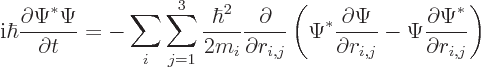 \begin{displaymath}
{\rm i}\hbar \frac{\partial\Psi^*\Psi}{\partial t} =
- \su...
...i,j}}
- \Psi \frac{\partial\Psi^*}{\partial r_{i,j}}
\right)
\end{displaymath}