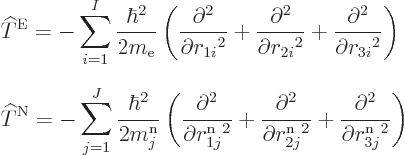 \begin{eqnarray*}
&& {\widehat T}^{\rm E}
= - \sum_{i=1}^I \frac{\hbar^2}{2m_{...
...}}^2} +
\frac{\partial^2}{\partial {r^{\rm n}_{3j}}^2}
\right)
\end{eqnarray*}