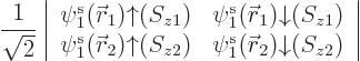 \begin{displaymath}
\frac{1}{\sqrt{2}}
\left\vert
\begin{array}{cc}
\pe1/{\s...
...2/u/z2/ & \pe1/{\skew0\vec r}_2/d/z2/
\end{array} \right\vert
\end{displaymath}