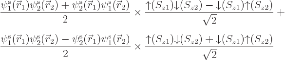 \begin{eqnarray*}
& & \frac{\pe1/{\skew0\vec r}_1///\pe2/{\skew0\vec r}_2///+\p...
...wnarrow}(S_{z2})+{\downarrow}(S_{z1}){\uparrow}(S_{z2})}{\sqrt2}
\end{eqnarray*}