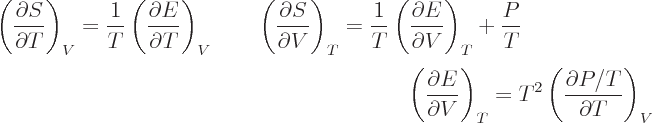 \begin{displaymath}
\begin{array}[b]{r}
\displaystyle
\left(\frac{\partial S}...
... \left(\frac{\partial P/T}{\partial T}\right)_V
\end{array} %
\end{displaymath}