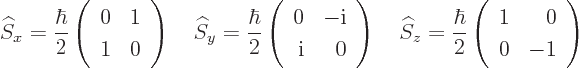 \begin{displaymath}
{\widehat S}_x = \frac{\hbar}{2}
\left(\begin{array}{rr} 0...
...}{2}
\left(\begin{array}{rr} 1 & 0\ 0 & -1\end{array}\right)
\end{displaymath}