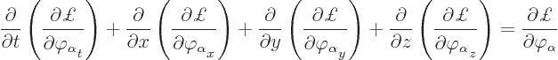 \begin{displaymath}
\frac{\partial}{\partial t}
\left(\frac{\partial\pounds }{...
...t_z}\right)
= \frac{\partial\pounds }{\partial\varphi_\alpha}
\end{displaymath}