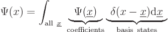 \begin{displaymath}
\Psi(x) =
\int_{{\rm all }{\underline x}}
\;
\underbrac...
...\underline x}){\rm d}{\underline x}$}}
_{{\rm basis states}}
\end{displaymath}