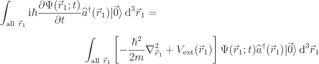 \begin{eqnarray*}
\lefteqn{\int_{{\rm all }{\skew0\vec r}_1}
{\rm i}\hbar\fra...
...{\skew0\vec r}_1)\vert\vec 0\rangle
{ \rm d}^3{\skew0\vec r}_1
\end{eqnarray*}