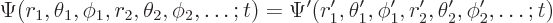 \begin{displaymath}
\Psi(r_1,\theta_1,\phi_1,r_2,\theta_2,\phi_2,\ldots ; t)
=
\Psi'(r_1',\theta_1',\phi_1',r_2',\theta_2',\phi_2',\ldots ; t)
\end{displaymath}