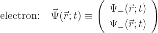 \begin{displaymath}
\mbox{electron:} \quad
\skew{-1}\vec\Psi({\skew0\vec r};t)...
...0\vec r};t) \\
\Psi_-({\skew0\vec r};t)
\end{array} \right)
\end{displaymath}