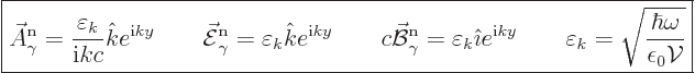 \begin{displaymath}
\fbox{$\displaystyle
\skew3\vec A_\gamma^{\rm n}= \frac{\v...
...psilon_k = \sqrt{\frac{\hbar\omega}{\epsilon_0{\cal V}}}
$} %
\end{displaymath}