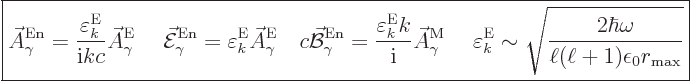 \begin{displaymath}
\fbox{$\displaystyle
\skew3\vec A_\gamma^{\rm En}
= \frac...
...\frac{2\hbar\omega}{\ell(\ell+1)\epsilon_0r_{\rm{max}}}}
$} %
\end{displaymath}