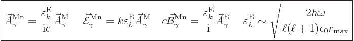 \begin{displaymath}
\fbox{$\displaystyle
\skew3\vec A_\gamma^{\rm Mn}
= \frac...
...\frac{2\hbar\omega}{\ell(\ell+1)\epsilon_0r_{\rm{max}}}}
$} %
\end{displaymath}