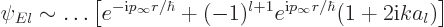 \begin{displaymath}
\psi_{El} \sim \ldots
\left[e^{-{\rm i}p_\infty r/\hbar} +
(-1)^{l+1}e^{{\rm i}p_\infty r/\hbar}(1+2{\rm i}k a_l)
\right]
\end{displaymath}