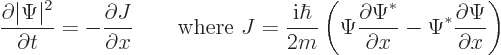 \begin{displaymath}
\frac{\partial\vert\Psi\vert^2}{\partial t} = - \frac{\part...
...partial x} -
\Psi^*\frac{\partial\Psi}{\partial x}
\right) %
\end{displaymath}