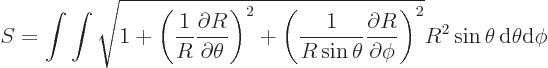 \begin{displaymath}
S = \int\int
\sqrt{1
+ \left(\frac{1}{R}\frac{\partial R}...
...rtial\phi}\right)^2}
R^2 \sin\theta{ \rm d}\theta{\rm d}\phi
\end{displaymath}