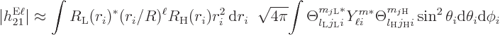 \begin{displaymath}
\vert h_{21}^{\rm E\ell}\vert \approx
\int R_{\rm {L}}(r_i...
...}i}^{m_{j\rm {H}}}
\sin^2\theta_i{\rm d}\theta_i{\rm d}\phi_i
\end{displaymath}