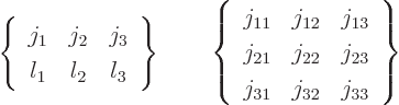 \begin{displaymath}
\left\{
\begin{array}{ccc}
j_1 & j_2 & j_3 \\
l_1 & l_2...
...} & j_{23} \\
j_{31} & j_{32} & j_{33}
\end{array} \right\}
\end{displaymath}