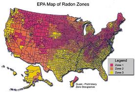 Map of U.S. showing Radon Concentrations