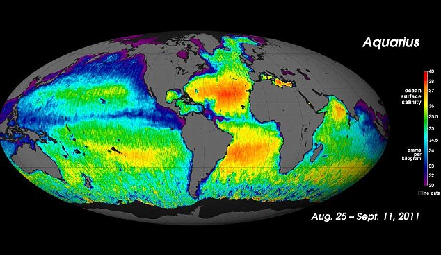 This Nasa map shows salt levels in the world's oceans. In the image, areas in red and yellow have high salinity whilst those in blue and purple have low levels