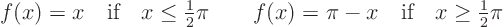 \begin{displaymath}
f(x)=x \quad\mbox{if}\quad x\le{\textstyle\frac{1}{2}} \pi\q...
...(x)=\pi -x \quad\mbox{if}\quad x\ge{\textstyle\frac{1}{2}} \pi
\end{displaymath}