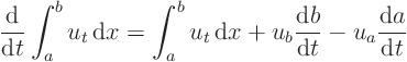 \begin{displaymath}
\frac{{\rm d}}{{\rm d}t} \int_a^b u_t { \rm d}x = \int_a^...
...u_b \frac{{\rm d}b}{{\rm d}t} - u_a \frac{{\rm d}a}{{\rm d}t}
\end{displaymath}