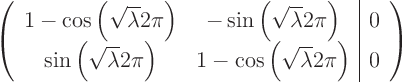 \begin{displaymath}
\left(
\begin{array}{cc\vert c}
1 - \cos\left(\sqrt{\l...
...\left(\sqrt{\lambda} 2\pi\right) & 0
\end{array}
\right)
\end{displaymath}