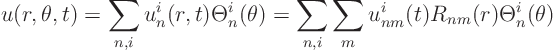 \begin{displaymath}
u(r,\theta,t) = \sum_{n,i} u^i_n(r,t) \Theta^i_n(\theta) =
\sum_{n,i} \sum_m u^i_{nm}(t) R_{nm}(r) \Theta^i_n(\theta)
\end{displaymath}