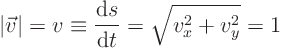 \begin{displaymath}
\vert\vec v\vert = v \equiv \frac{{\rm d}s}{{\rm d}t} = \sqrt{v_x^2 + v_y^2} = 1
\end{displaymath}