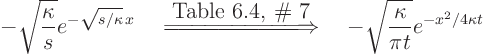 \begin{displaymath}
- \sqrt{\frac{\kappa}{s}} e^{-\sqrt{s/\kappa}  x}
\quad...
...w}
\quad
- \sqrt{\frac{\kappa}{\pi t}} e^{-x^2/4\kappa t}
\end{displaymath}