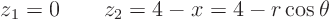 \begin{displaymath}
z_1=0 \qquad z_2 = 4-x = 4 - r\cos\theta
\end{displaymath}