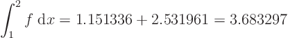 \begin{displaymath}
\int_1^{2} f\;{\rm d}x
= 1.151336 + 2.531961 = 3.683297
\end{displaymath}