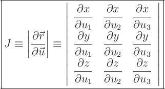 \begin{displaymath}
\fbox{$\displaystyle
J \equiv
\left\vert\frac{\partial...
...l z}{\mathstrut\partial u_3}
\end{array}
\right\vert
$}
\end{displaymath}