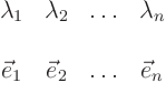 \begin{displaymath}
\begin{array}{cccc}
\lambda_1 & \lambda_2 & \ldots & \la...
...n \\
\vec e_1 & \vec e_2 & \ldots & \vec e_n
\end{array}
\end{displaymath}