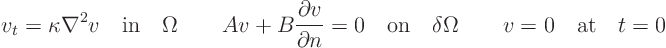 \begin{displaymath}
v_t = \kappa \nabla^2 v \quad\mbox{in}\quad \Omega
\qqua...
...n}\quad \delta\Omega
\qquad
v = 0 \quad\mbox{at}\quad t=0
\end{displaymath}