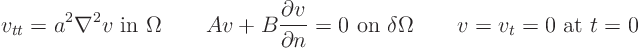 \begin{displaymath}
v_{tt} = a^2 \nabla^2 v \mbox{ in } \Omega
\qquad
A v ...
...box{ on } \delta\Omega
\qquad
v = v_t = 0 \mbox{ at } t=0
\end{displaymath}