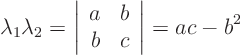 \begin{displaymath}
\lambda_1 \lambda_2 =
\left\vert
\begin{array}{cc}
a & b \\
b & c
\end{array}
\right\vert = ac - b^2
\end{displaymath}