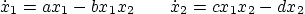 \begin{displaymath}
\dot x_1 = a x_1 - b x_1 x_2
\qquad
\dot x_2 = c x_1 x_2 - d x_2
\end{displaymath}