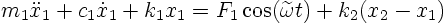 \begin{displaymath}
m_1 \ddot x_1 + c_1\dot x_1 + k_1 x_1
= F_1 \cos(\widetilde\omega t) + k_2 (x_2-x_1)
\end{displaymath}