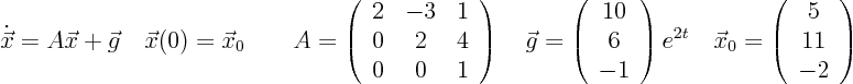 \begin{displaymath}
\dot {\vec x} = A \vec x + \vec g
\quad \vec x(0) = \vec x...
...0 = \left( \begin{array}{c} 5  11  -2 \end{array} \right)
\end{displaymath}