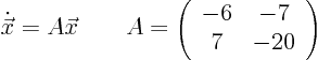 \begin{displaymath}
\dot {\vec x} = A \vec x \qquad
A = \left( \begin{array}{cc} -6 & -7 \ 7 & -20 \end{array} \right)
\end{displaymath}