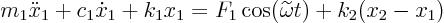 \begin{displaymath}
m_1 \ddot x_1 + c_1\dot x_1 + k_1 x_1
= F_1 \cos(\widetilde\omega t) + k_2 (x_2-x_1)
\end{displaymath}