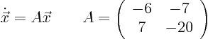 \begin{displaymath}
\dot {\vec x} = A \vec x \qquad
A = \left( \begin{array}{cc} -6 & -7  7 & -20 \end{array} \right)
\end{displaymath}