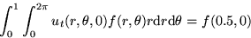 \begin{displaymath}
\int_0^1 \int_0^{2\pi} u_t(r,\theta,0) f(r,\theta)\/
 r \/{\rm d} r\/ {\rm d}\theta = f(0.5,0)\end{displaymath}