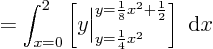 \begin{displaymath}
= \int_{x=0}^{2}
\left[ y \Big\vert _{y=\frac14 x^2}^{y=\frac18x^2+\frac12}\right]\; {\rm d}x
\end{displaymath}