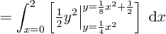 \begin{displaymath}
= \int_{x=0}^{2}
\left[ {\textstyle\frac{1}{2}} y^2
\B...
...ert _{y=\frac14 x^2}^{y=\frac18x^2+\frac12}\right]\; {\rm d}x
\end{displaymath}